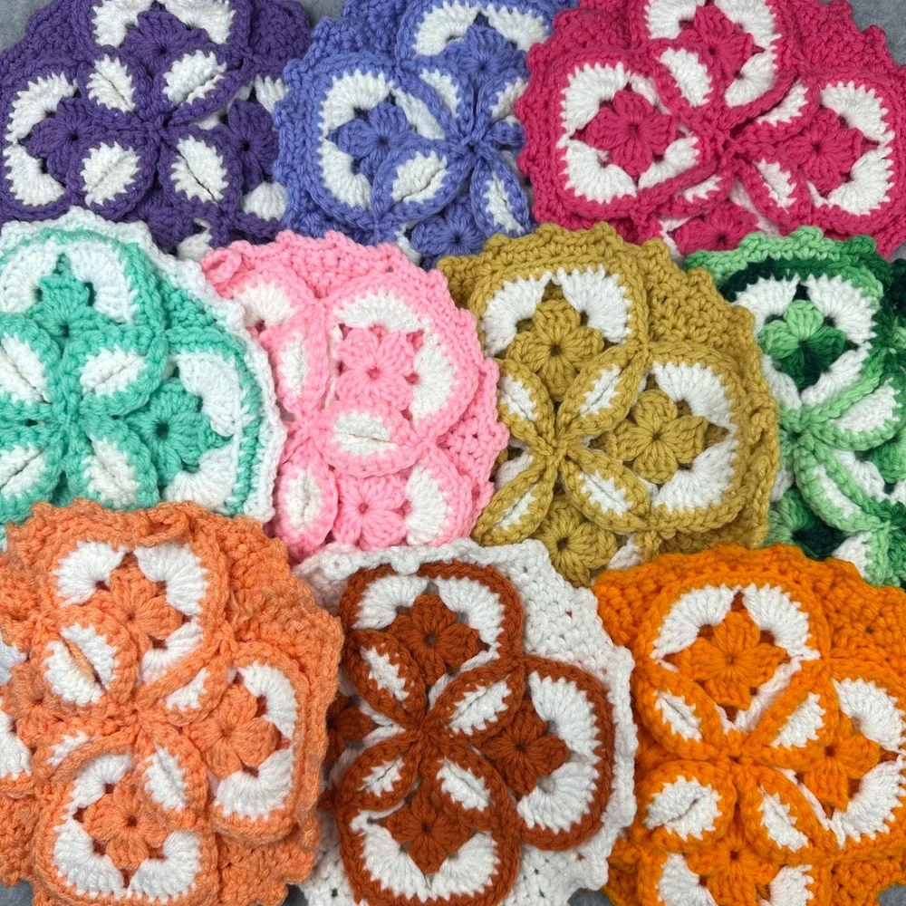 Vtg 1970 Handmade Crochet Hot Pads Potholders Set of 10 Multi Color Floral Petal